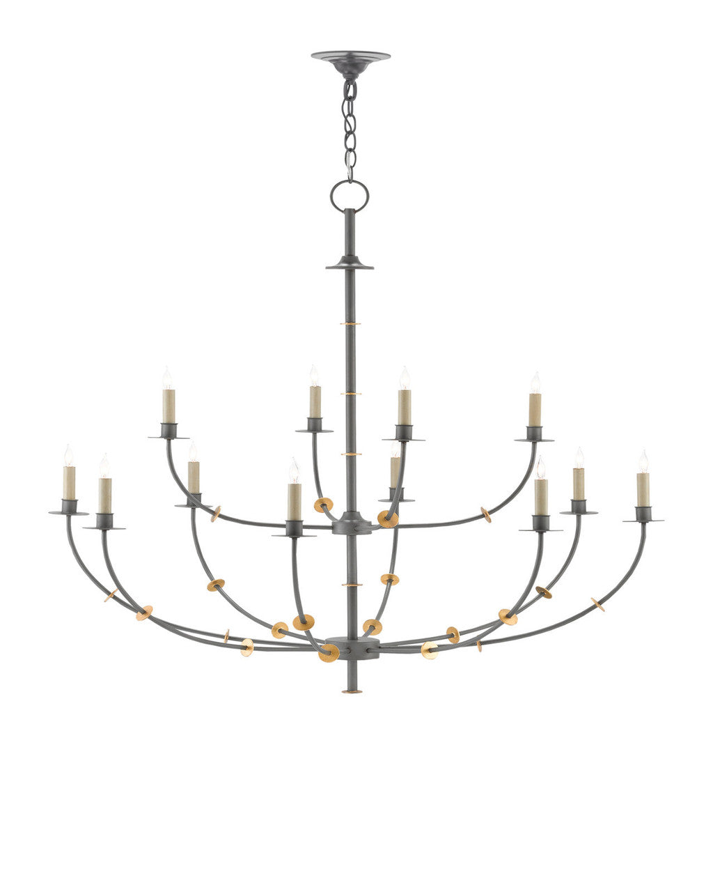 Currey and Company Balladier Gray Chandelier Hiroshi Gray, Contemporary Gold Leaf