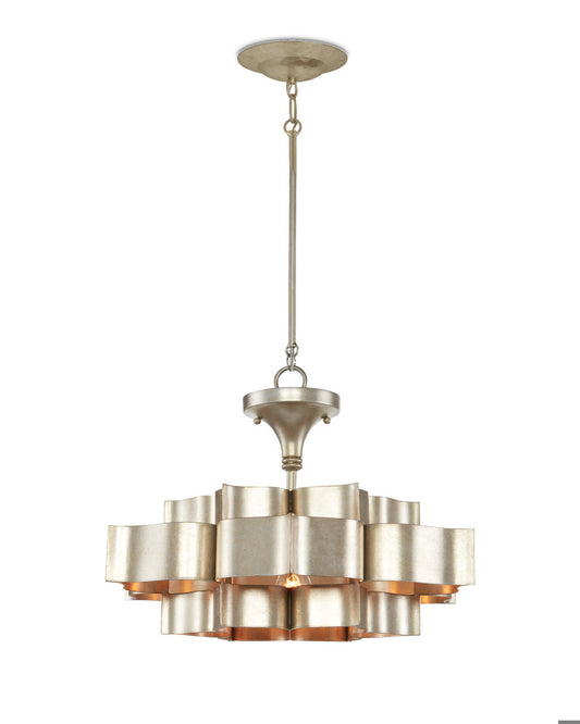 Currey and Company Grand Lotus Small Silver Chandelier Contemporary Silver Leaf