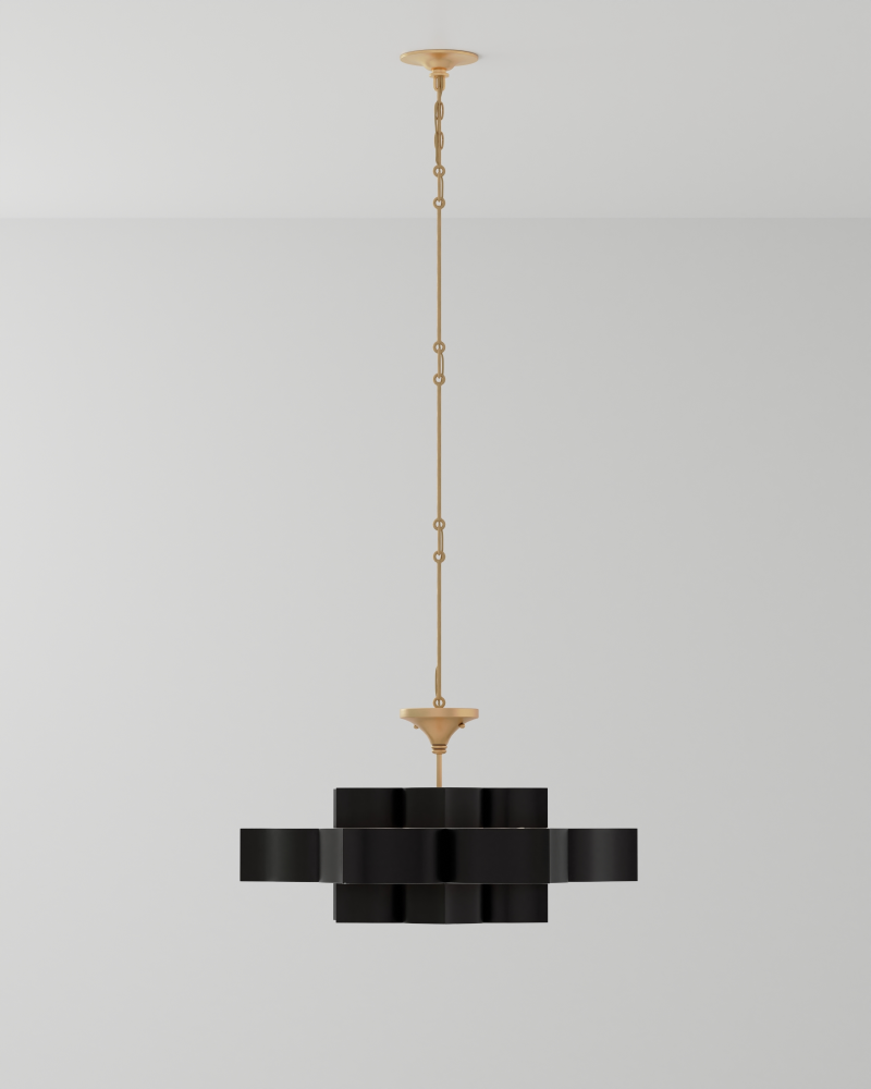 Grand Lotus Large Chandelier, 5-Light, Satin Black, Contemporary Gold Leaf, 30"W, Currey and Company (9000-0429 NLHK)