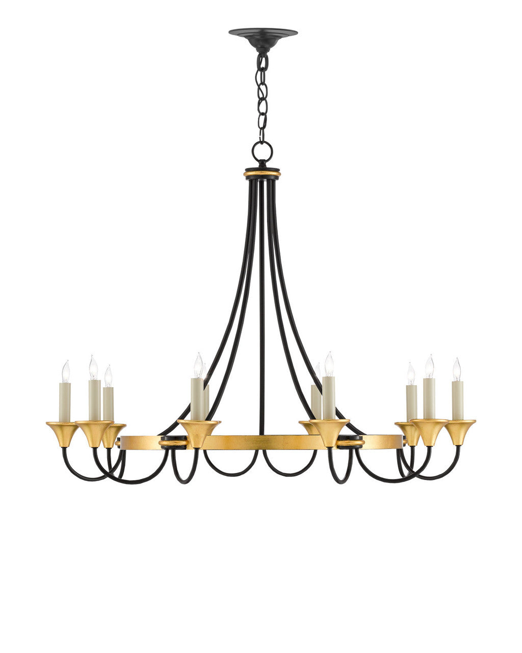 Currey and Company Hanlon Chandelier Contemporary Gold Leaf, Washed Black