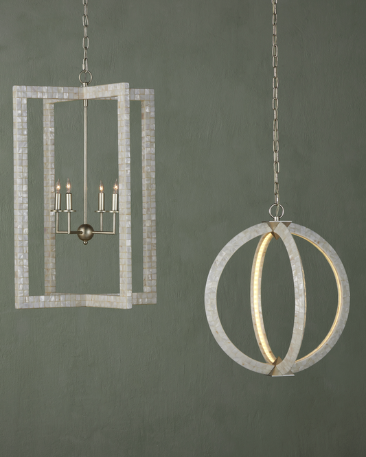 Arietta Chandelier, 6-Light, Mother of Pearl, Contemporary Silver, 22"W, Currey and Company (9000-0575 RL4P)