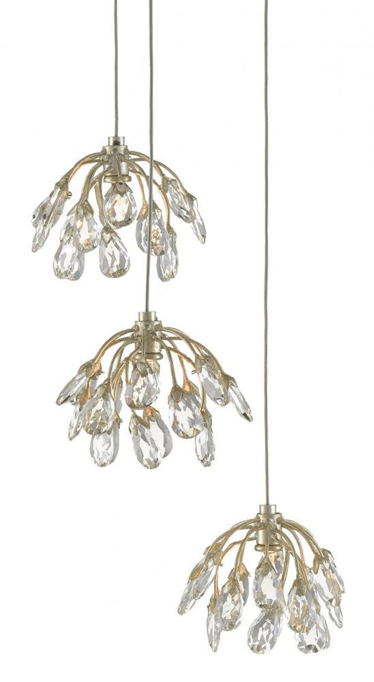 Currey and Company Crystal Bud 3-Light Round Multi-Drop Pendant Clear, Contemporary Silver Leaf, Silver