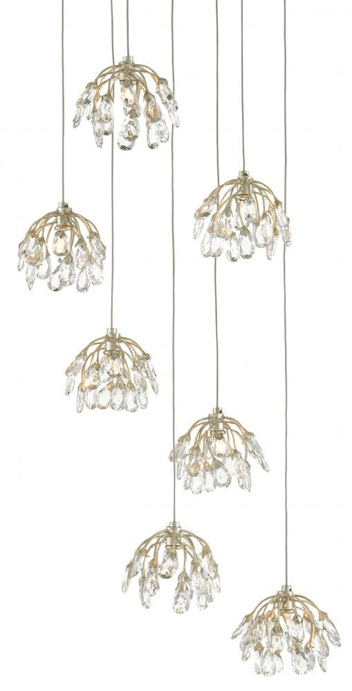Currey and Company Crystal Bud 7-Light Round Multi-Drop Pendant Clear, Contemporary Silver Leaf, Silver