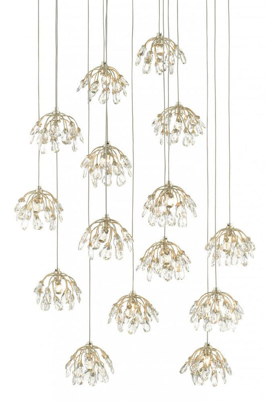 Currey and Company Crystal Bud 15-Light Round Multi-Drop Pendant Clear, Contemporary Silver Leaf, Silver