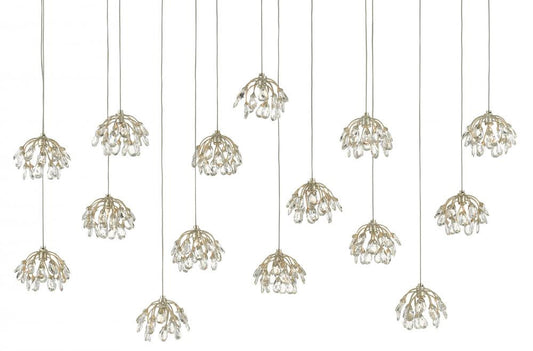 Currey and Company Crystal Bud 15-Light Linear Multi-Drop Pendant Clear, Contemporary Silver Leaf, Silver