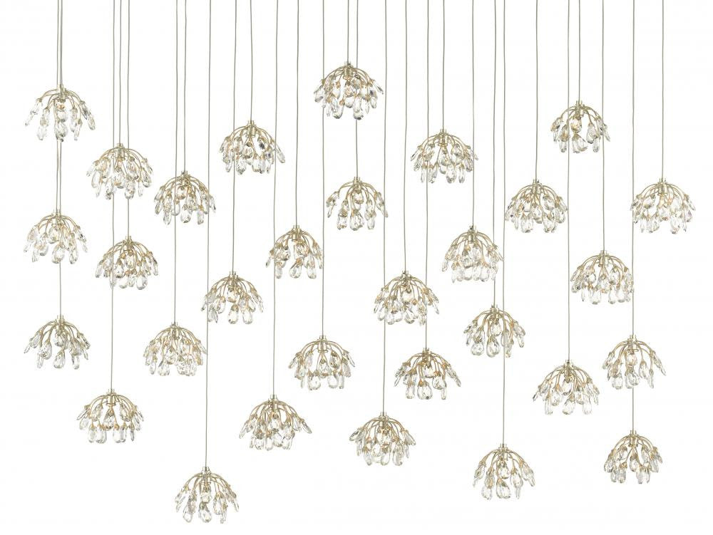 Currey and Company Crystal Bud 30-Light Linear Multi-Drop Pendant Clear, Contemporary Silver Leaf, Silver