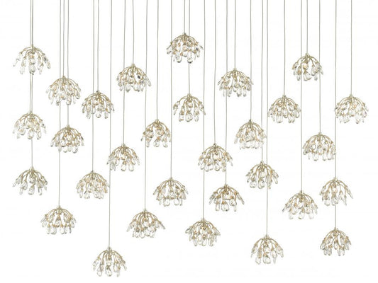Currey and Company Crystal Bud 30-Light Linear Multi-Drop Pendant Clear, Contemporary Silver Leaf, Silver