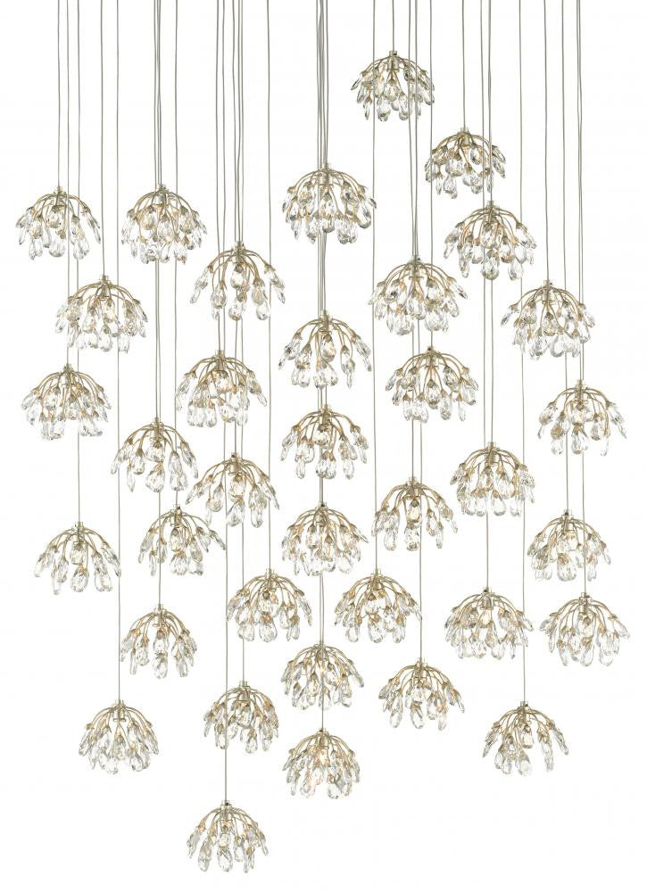 Currey and Company Crystal Bud 36-Light Round Multi-Drop Pendant Clear, Contemporary Silver Leaf, Silver