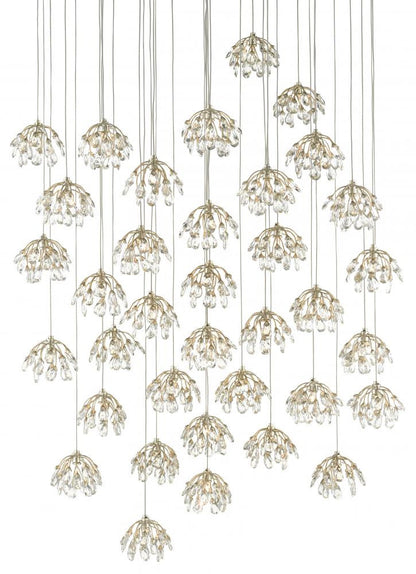 Currey and Company Crystal Bud 36-Light Round Multi-Drop Pendant Clear, Contemporary Silver Leaf, Silver