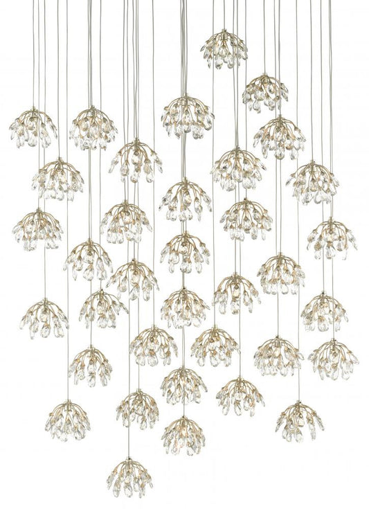 Currey and Company Crystal Bud 36-Light Round Multi-Drop Pendant Clear, Contemporary Silver Leaf, Silver