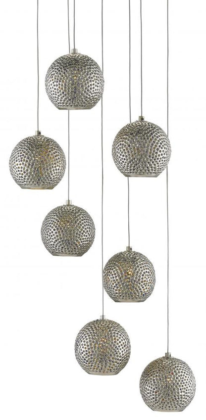 Currey and Company Giro 7-Light Round Multi-Drop Pendant Blue, Nickel