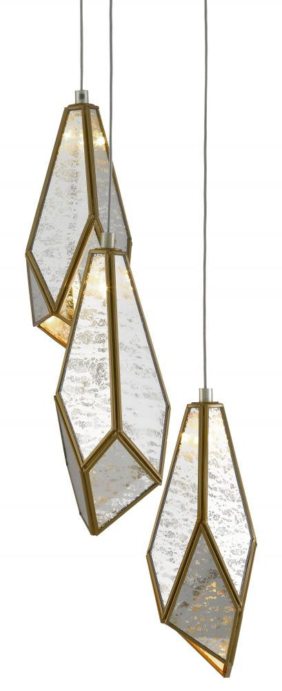 Currey and Company Glace Mirror 3-Light Round Multi-Drop Pendant Raj Mirror, Antique Brass