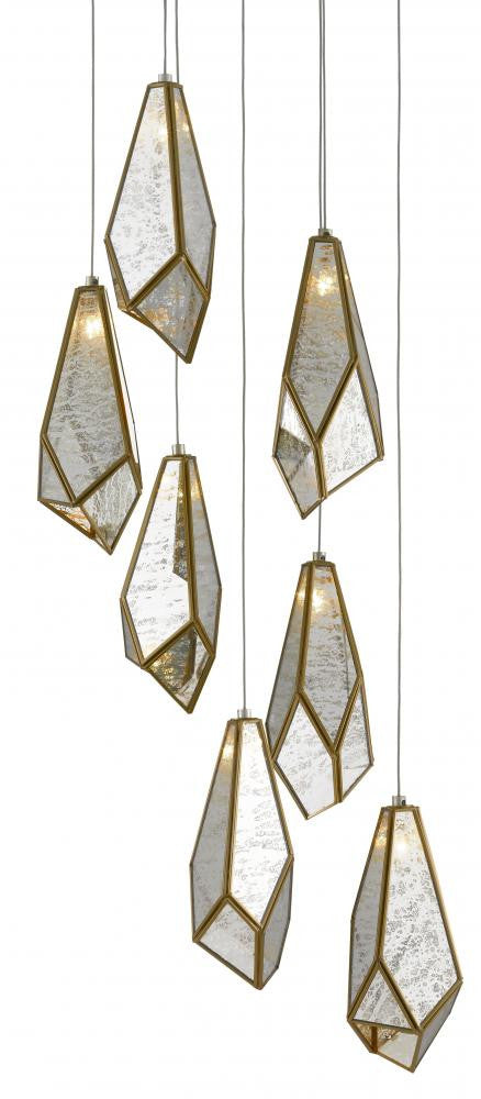 Currey and Company Glace Mirror 7-Light Round Multi-Drop Pendant Raj Mirror, Antique Brass
