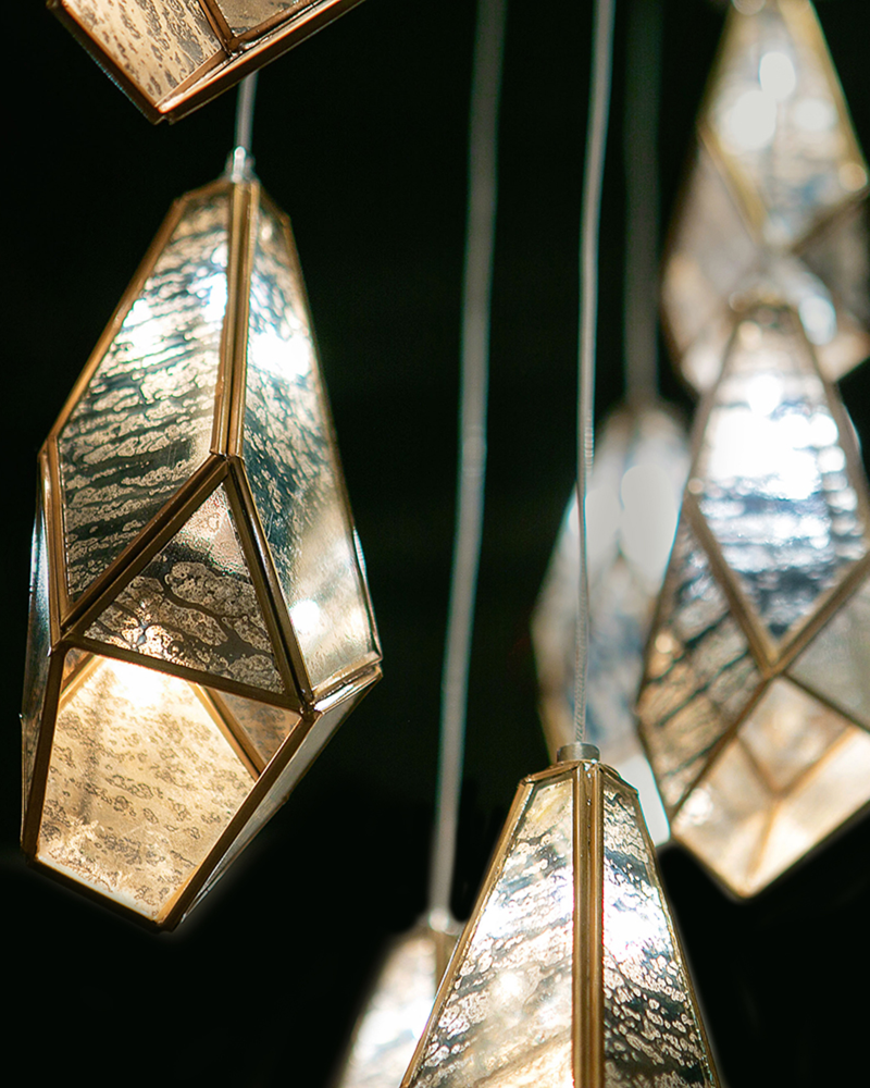 Glace 30-Light Multi-Drop Pendant, 30-Light, Painted Silver, Antique Brass, 54"W, Currey and Company (9000-0707 RP46)