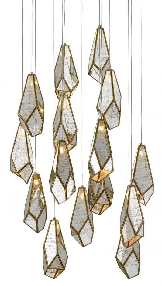 Currey and Company Glace Mirror 15-Light Round Multi-Drop Pendant Raj Mirror, Antique Brass