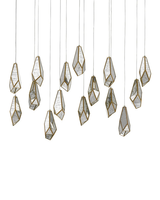 Glace Rectangular 15-Light Multi-Drop Pendant, 15-Light, Painted Silver, Antique Brass, 48"W, Currey and Company (9000-0706 VGZA)