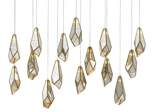 Currey and Company Glace Mirror 15-Light Linear Multi-Drop Pendant Raj Mirror, Antique Brass