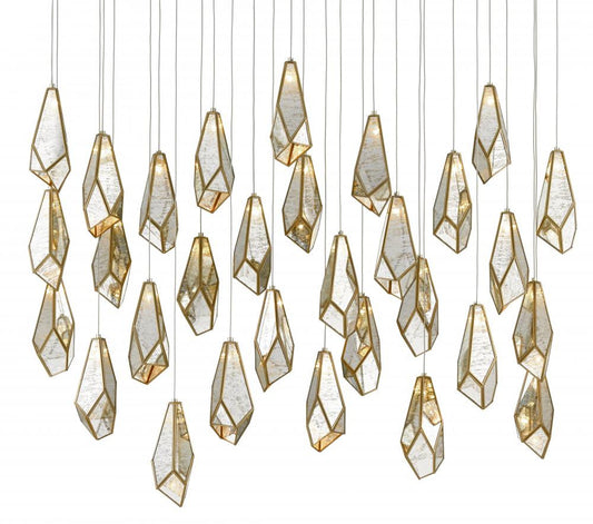 Currey and Company Glace Mirror 30-Light Linear Multi-Drop Pendant Raj Mirror, Antique Brass