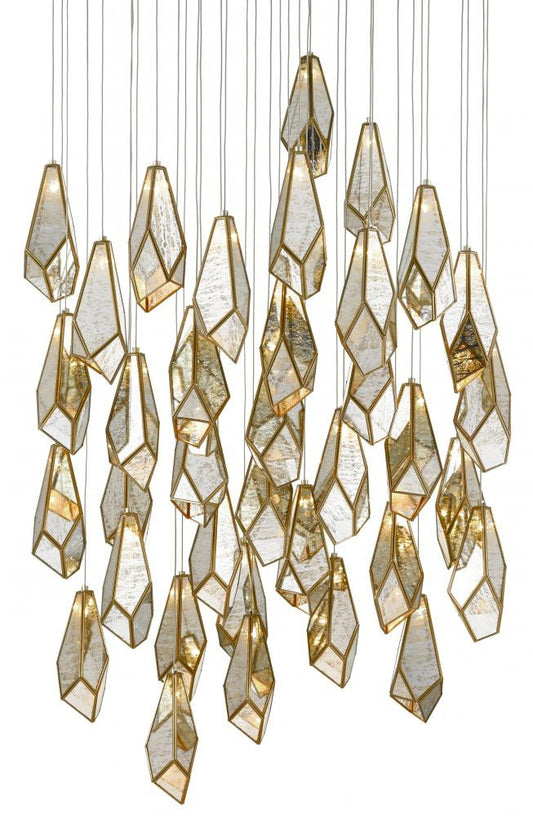 Currey and Company Glace Mirror 36-Light Round Multi-Drop Pendant Raj Mirror, Antique Brass