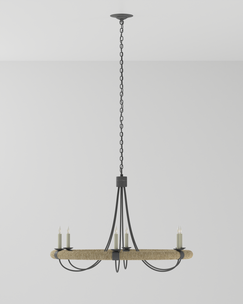 Shipwright Chandelier, 6-Light, French Black, Smokewood, Natural Abaca Rope, 38.5"W, Currey and Company (9000-0754 VHWW)