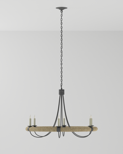 Shipwright Chandelier, 6-Light, French Black, Smokewood, Natural Abaca Rope, 38.5"W, Currey and Company (9000-0754 VHWW)