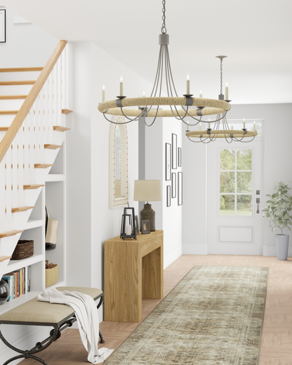 Shipwright Chandelier, 6-Light, French Black, Smokewood, Natural Abaca Rope, 38.5"W, Currey and Company (9000-0754 VHWW)