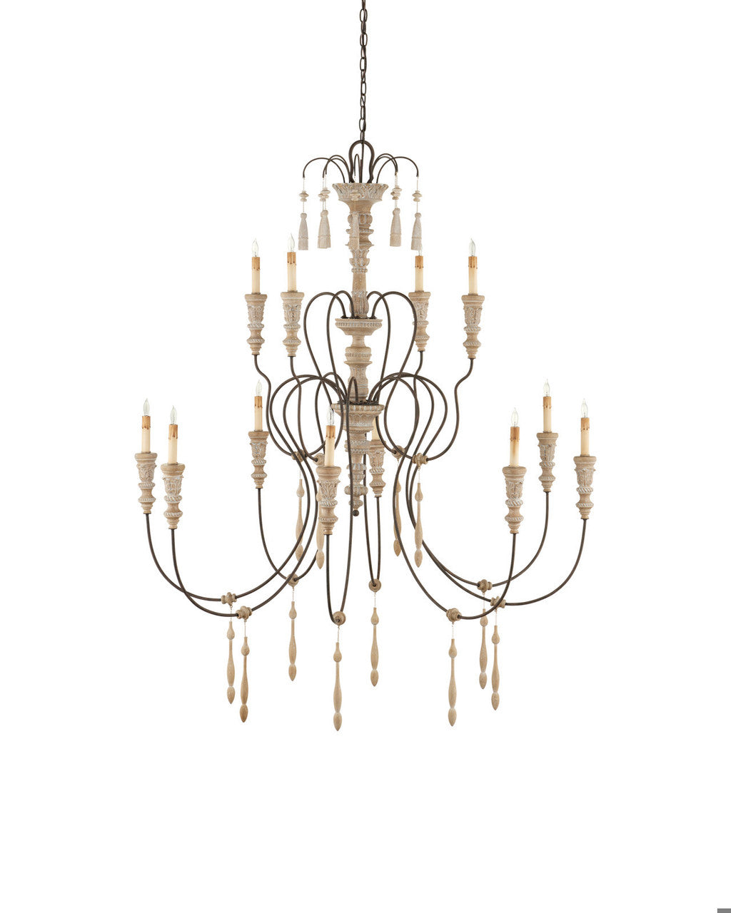 Hannah Large Chandelier, 12-Light, Stockholm White, Rust, 53"W, Currey and Company 9117
