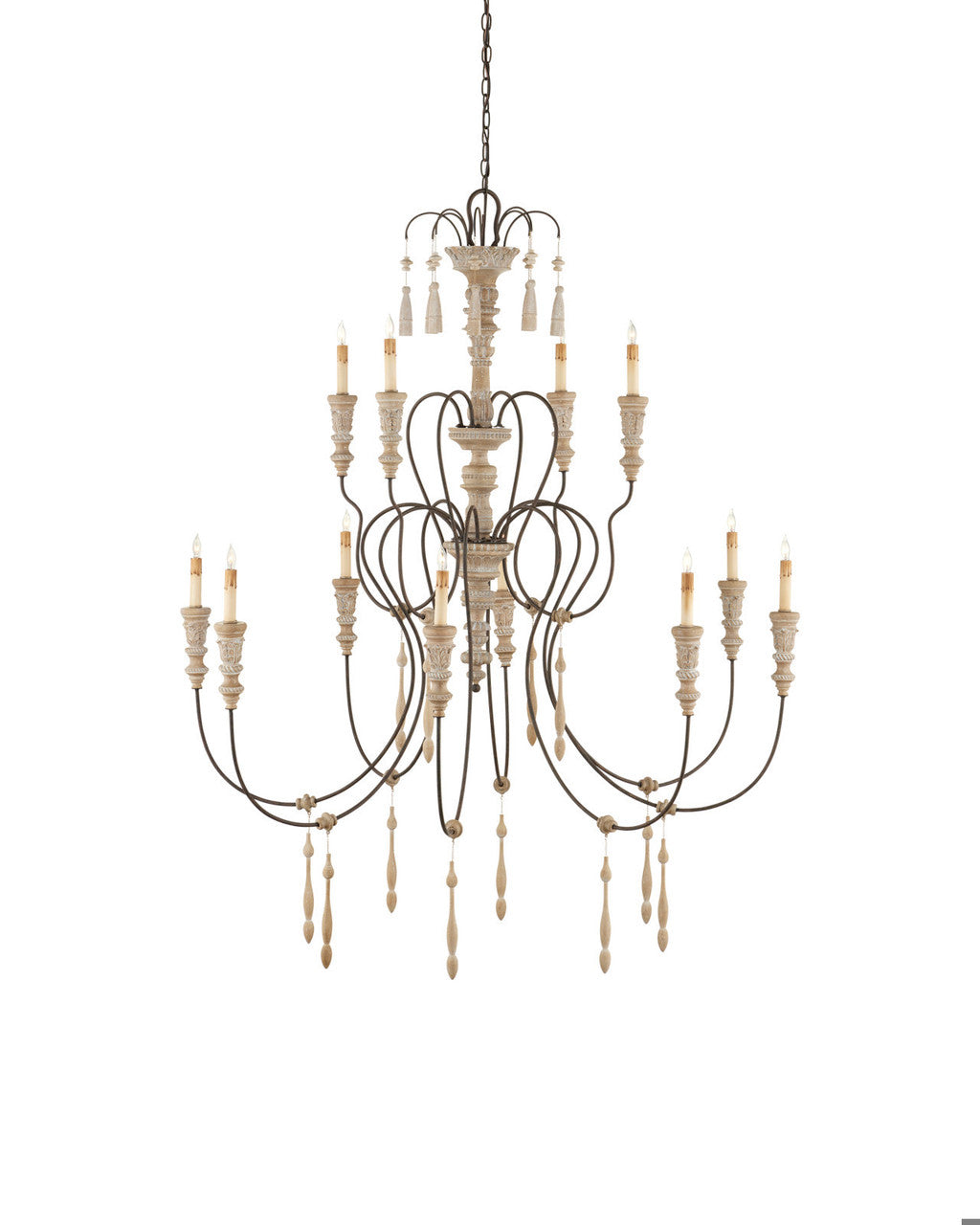 Hannah Large Chandelier, 12-Light, Stockholm White, Rust, 53"W, Currey and Company 9117