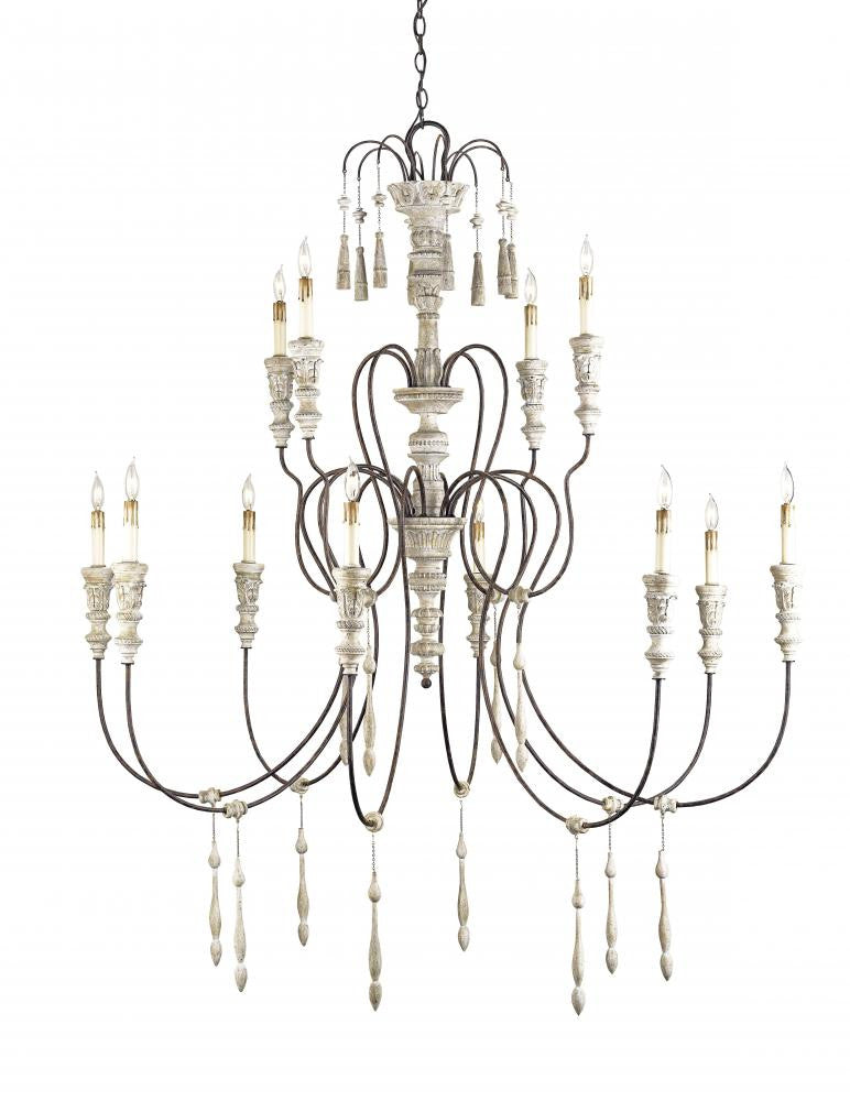 Hannah Large Chandelier, 12-Light, Stockholm White, Rust, 53"W, Currey and Company (9117 9CWK)
