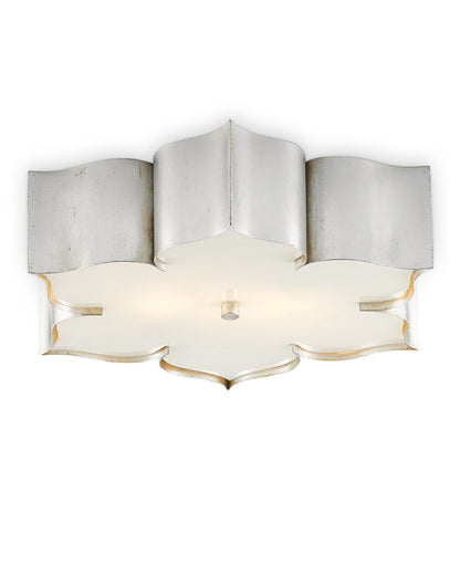 Currey and Company Grand Lotus Silver Flush Mount Contemporary Silver Leaf, Faux Alabaster