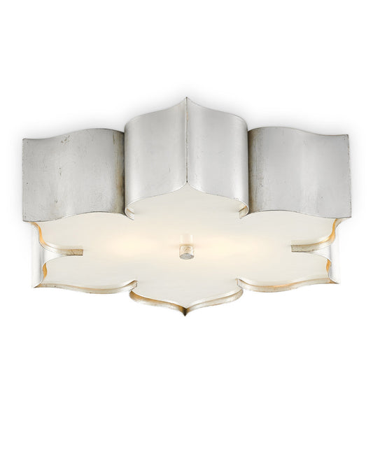 Currey and Company Grand Lotus Silver Flush Mount Contemporary Silver Leaf, Faux Alabaster