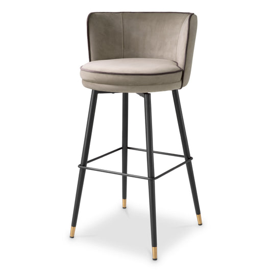 Eichholtz Grenada Bar Stool, Savona Greige Velvet, Savona Grey Velvet Piping, Black And Brass Swivel Base (A117781)