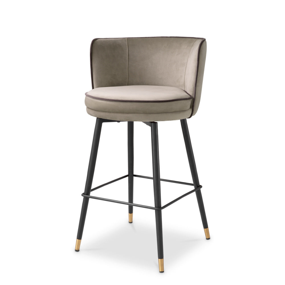 Eichholtz Grenada Counter Stool, Savona Greige Velvet, Savona Grey Velvet Piping, Black And Brass Swivel Base (A117782)