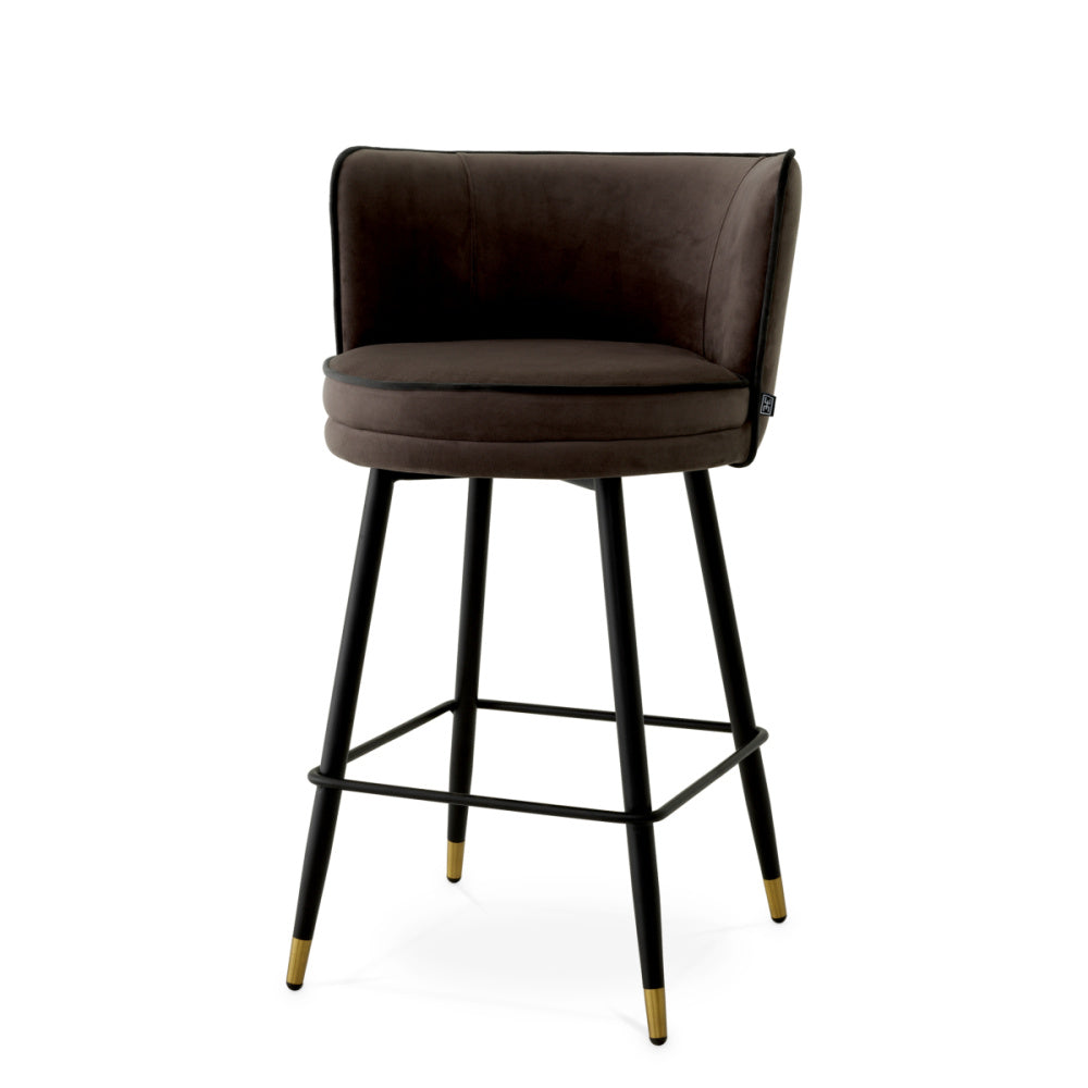 Eichholtz Grenada Counter Stool, Savona Grey Velvet, Savona Dark Grey Velvet Piping, Black And Brass Swivel Base (A118563)