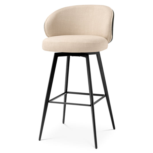 Eichholtz Camerota Bar Stool, Scalea Sand, Black Wooden Back, Black Legs, Swivel Base (A119050)