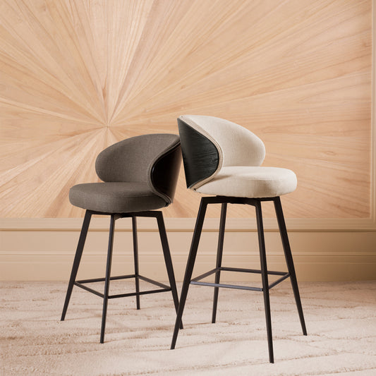 Eichholtz Camerota Bar Stool, Scalea Sand, Black Wooden Back, Black Legs, Swivel Base (A119050)