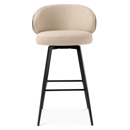 Eichholtz Camerota Bar Stool, Scalea Sand, Black Wooden Back, Black Legs, Swivel Base (A119050)
