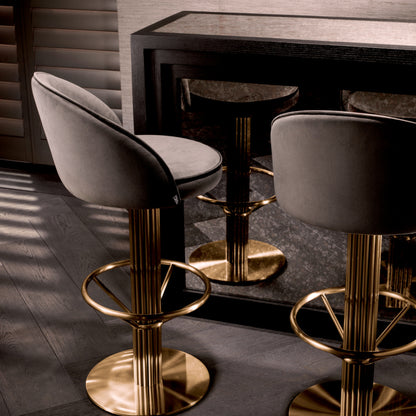 Eichholtz Dorland Bar Stool, Roche Dark Grey Velvet, Brushed Brass, Swivel Base (A119170)