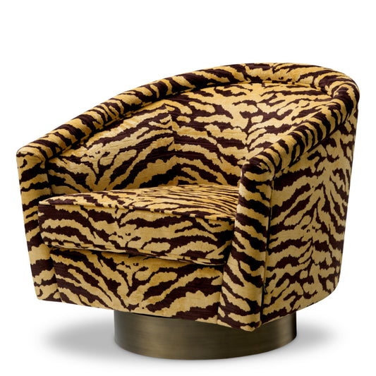 Eichholtz Catene Swivel Chair, Tigris Brown, Brushed Brass Swivel Base (A119426)
