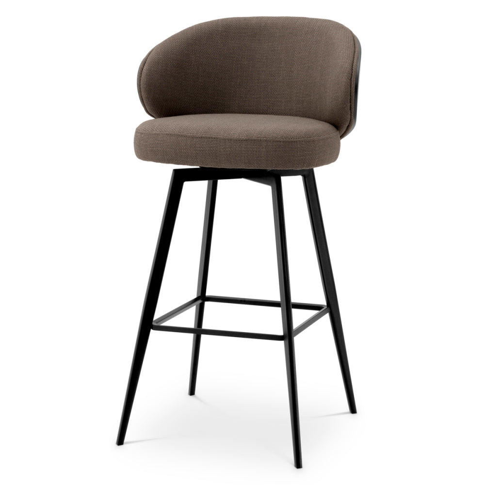 Eichholtz Camerota Bar Stool, Scalea Grey, Black Wooden Back, Black Legs, Swivel Base (A119537)
