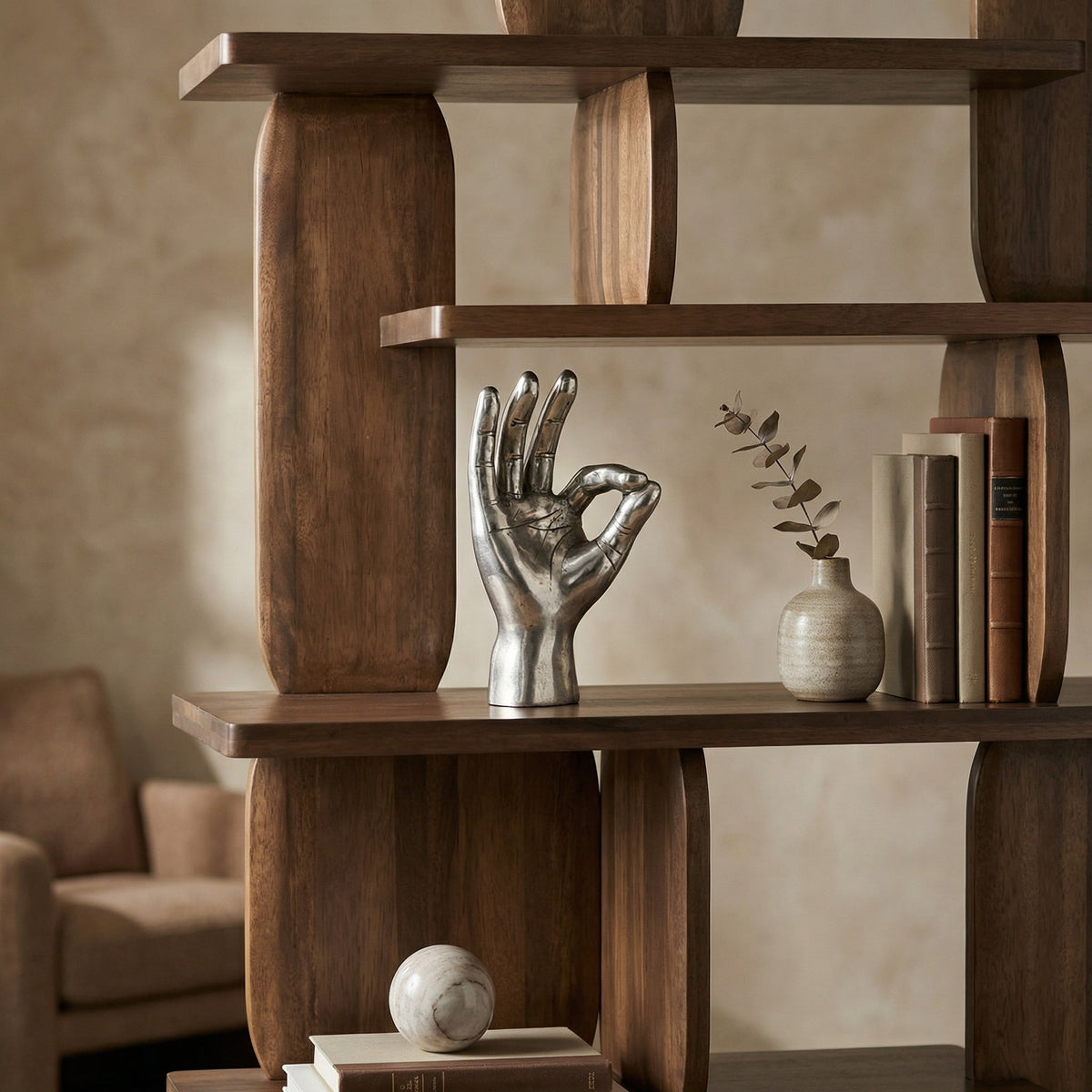 Noir Ok Sign Sculpture Silver styled in an interior setting