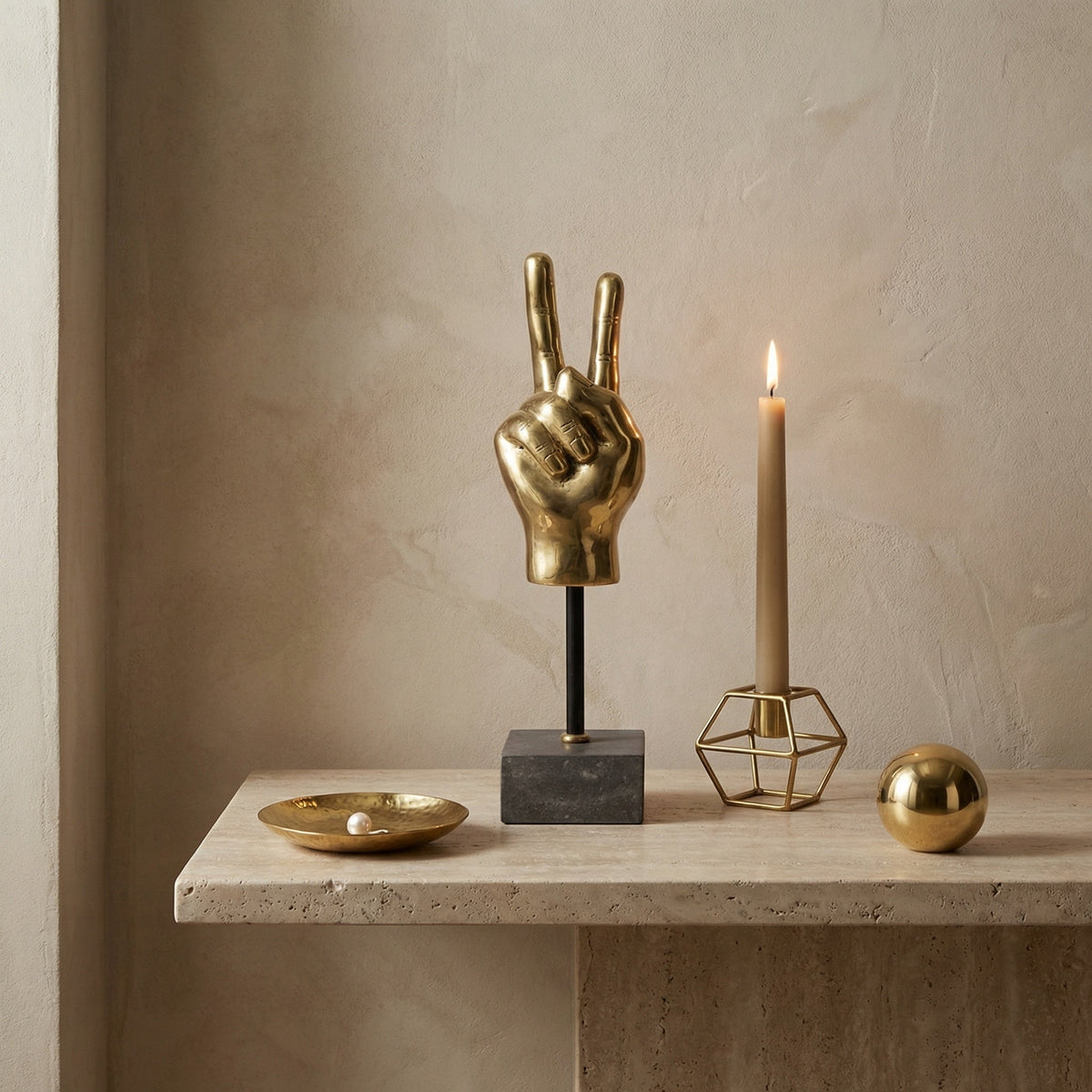 Noir Peace Sign On Stand Sculpture Antique Brass, Matte Black styled in an interior setting