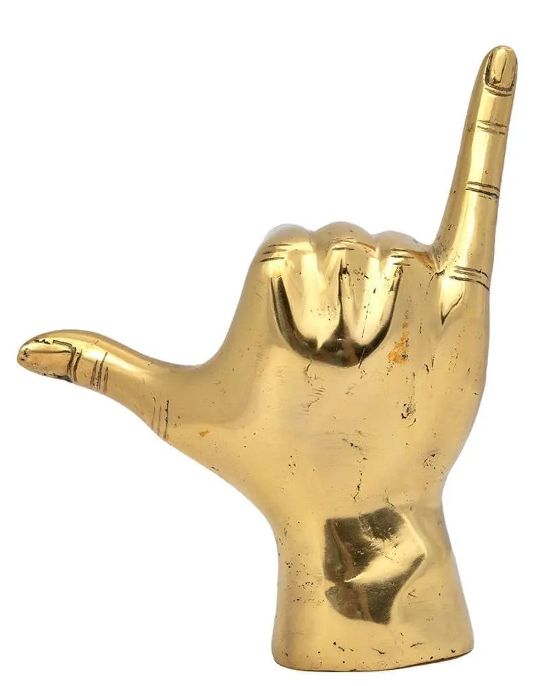 Noir Hawaiian Sculpture Antique Brass, front view of the cast brass shaka hand