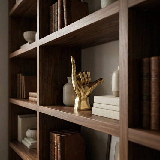 Noir Hawaiian Sculpture Antique Brass styled on a walnut bookshelf with ceramic vases and stacked books