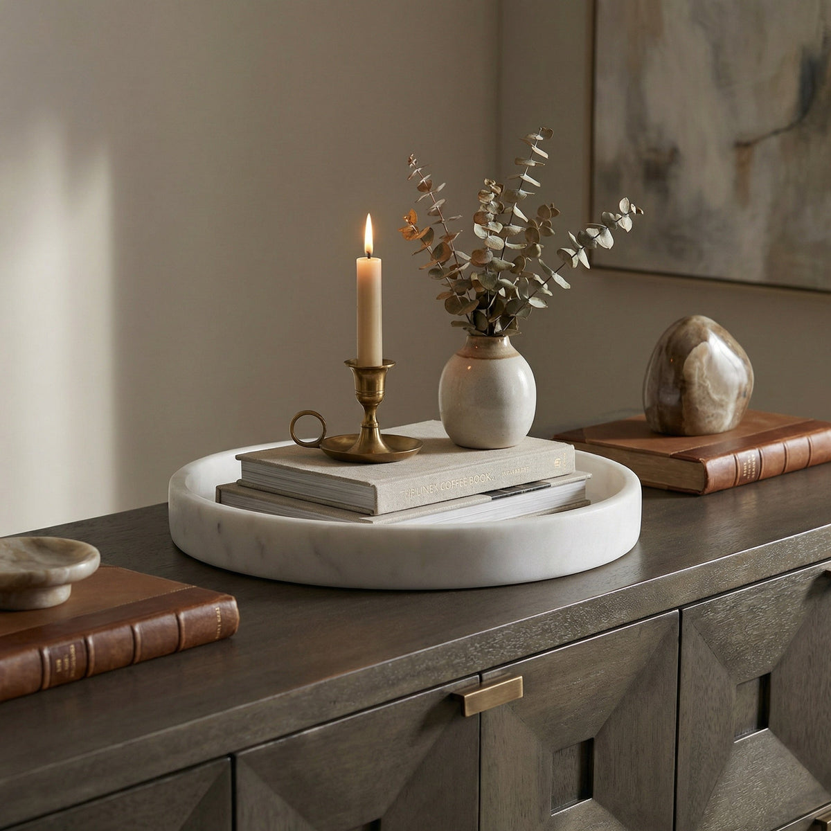Noir Round Tray White styled in an interior setting