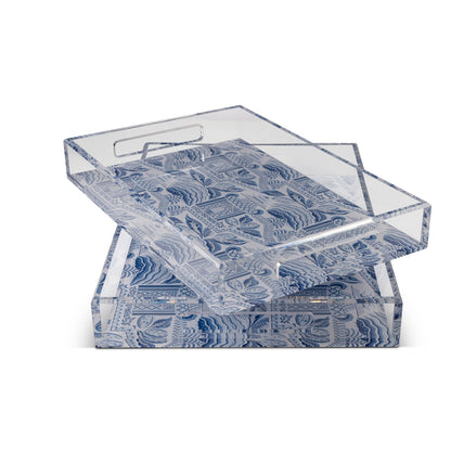 Pagoda Garden Large Tray Set of 2 Blue & White