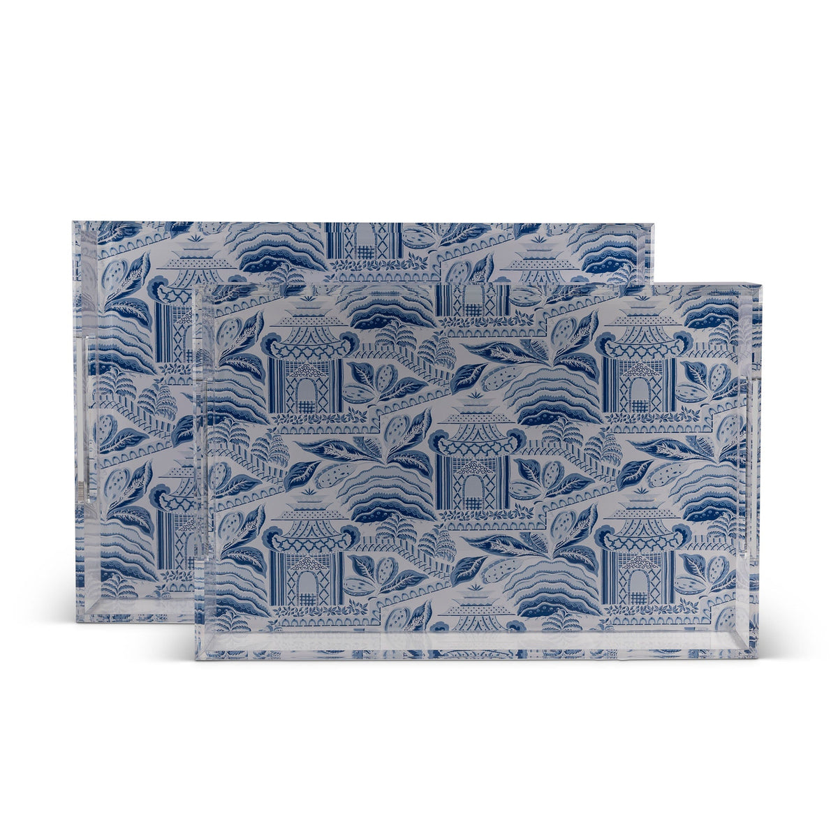 Pagoda Garden Large Tray Set of 2 Blue & White