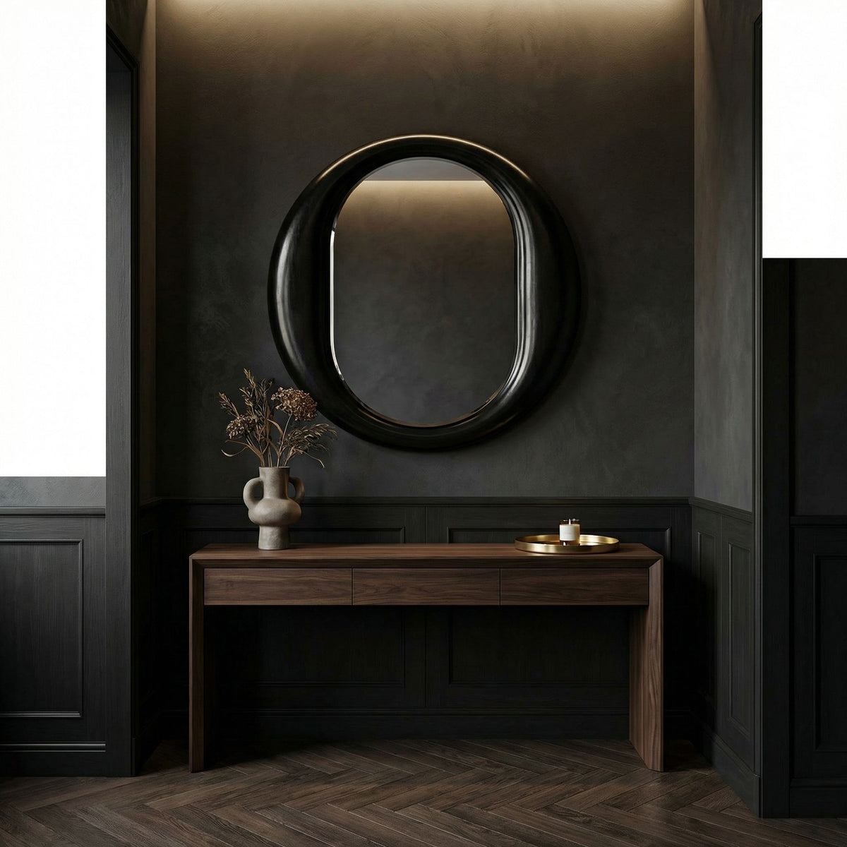 Noir Oh Mirror Charcoal Black styled in an interior setting
