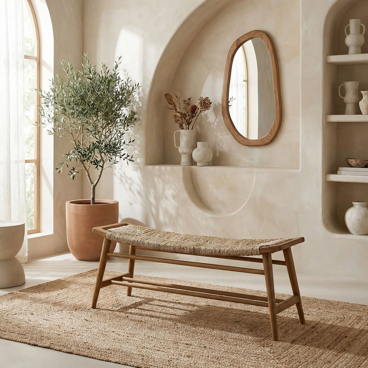Noir Stockholm Bench Teak, Tan styled in an interior setting