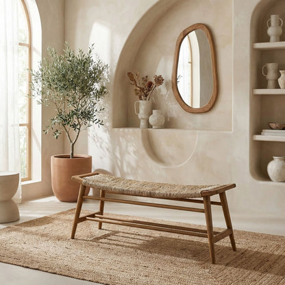 Noir Stockholm Bench Teak, Tan styled in an interior setting